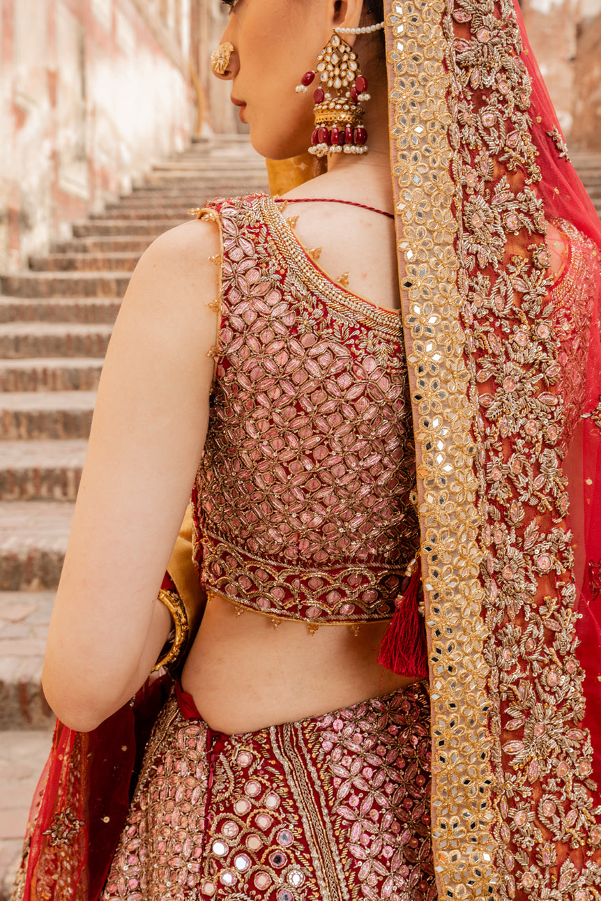 Pakistani Deep Red Gold Embroidered Silk Bridal Lehenga (3-Piece) - Image 5