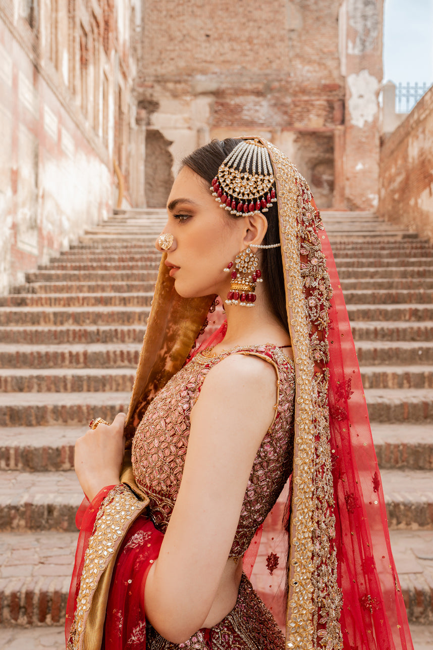 Pakistani Deep Red Gold Embroidered Silk Bridal Lehenga (3-Piece) - Image 7