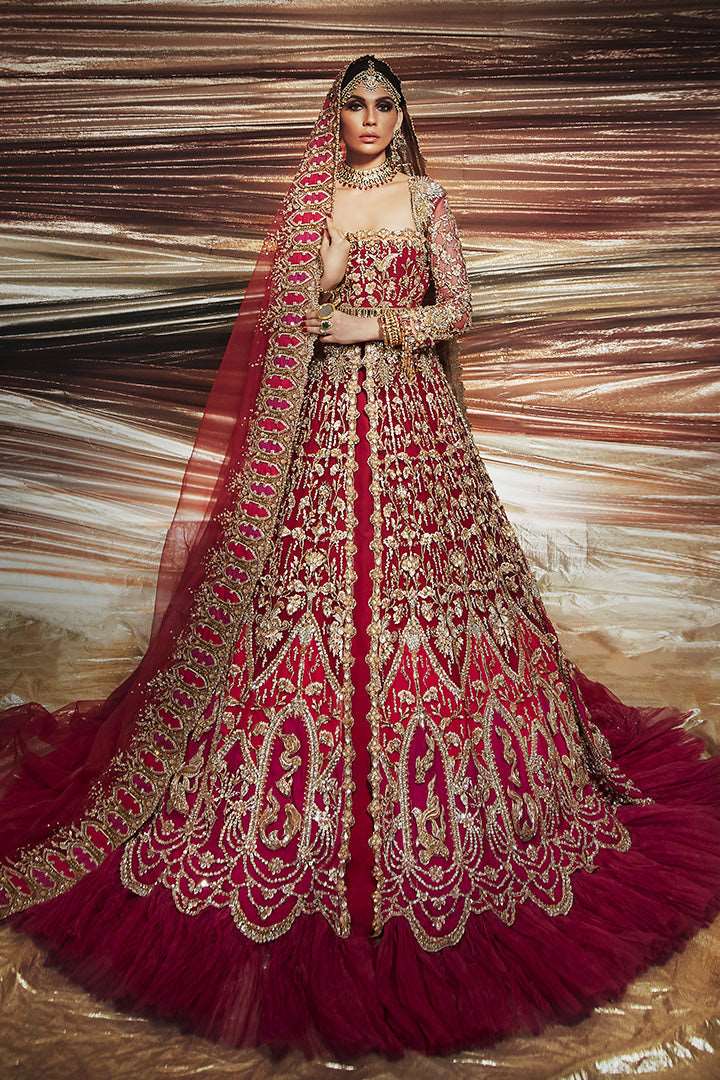 Pakistani Cherry Red Embroidered Silk Bridal Lehenga (3-Piece) - Image 1