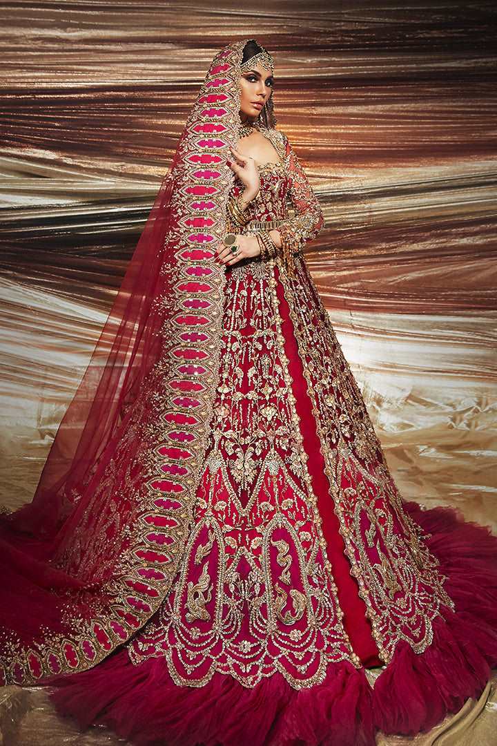 Pakistani Cherry Red Embroidered Silk Bridal Lehenga (3-Piece) - Image 3