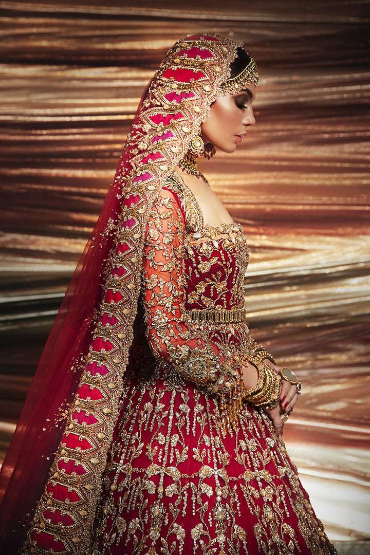 Pakistani Cherry Red Embroidered Silk Bridal Lehenga (3-Piece) - Image 4