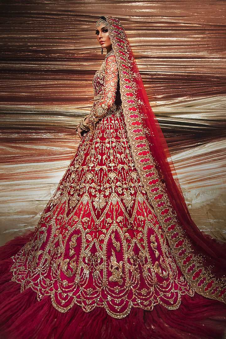 Pakistani Cherry Red Embroidered Silk Bridal Lehenga (3-Piece) - Image 5