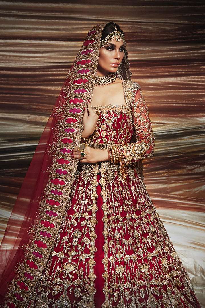 Pakistani Cherry Red Embroidered Silk Bridal Lehenga (3-Piece) - Image 6