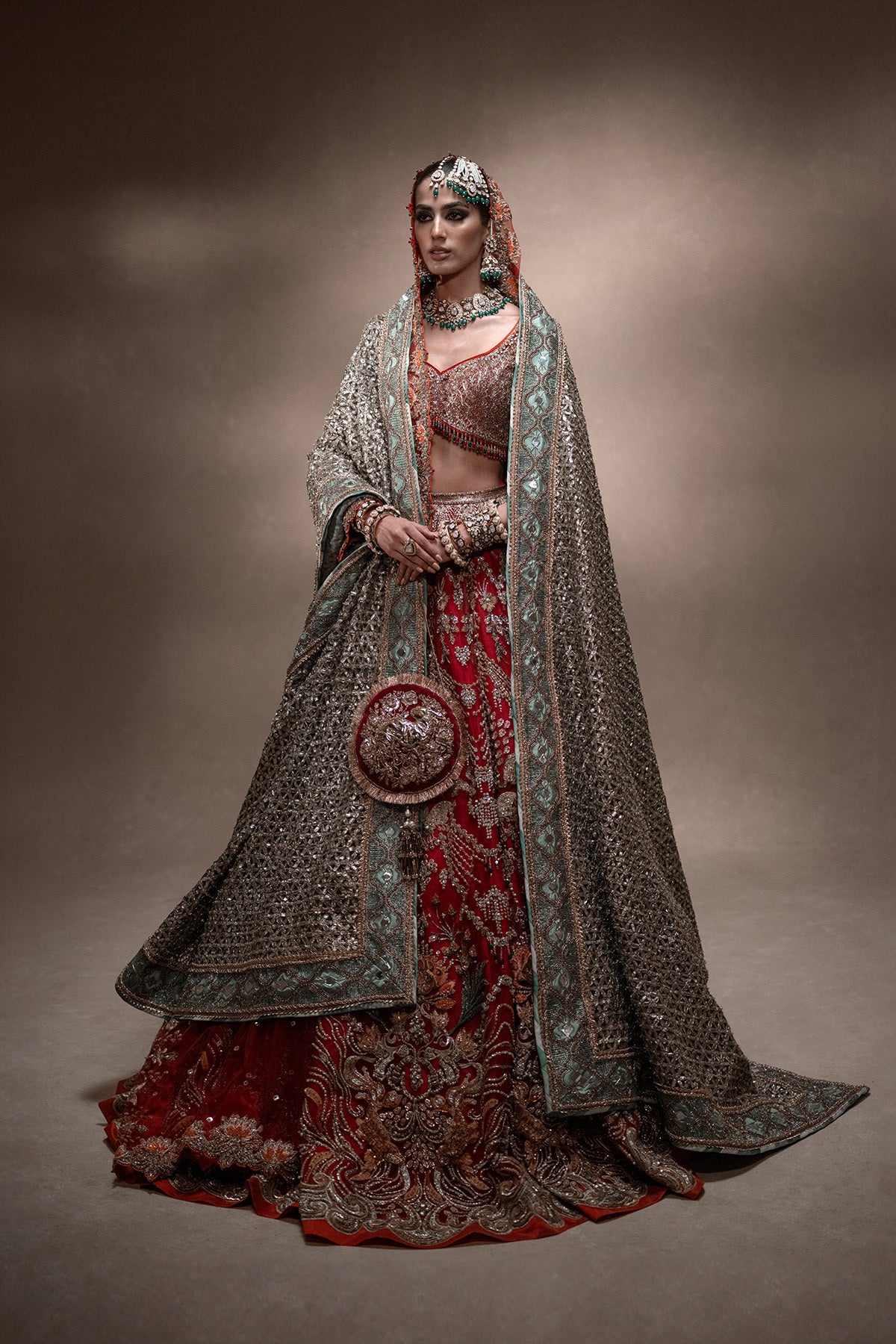 Poppy Red Ganga Jamni Silk Bridal Lehenga (3-Piece) - Image 3