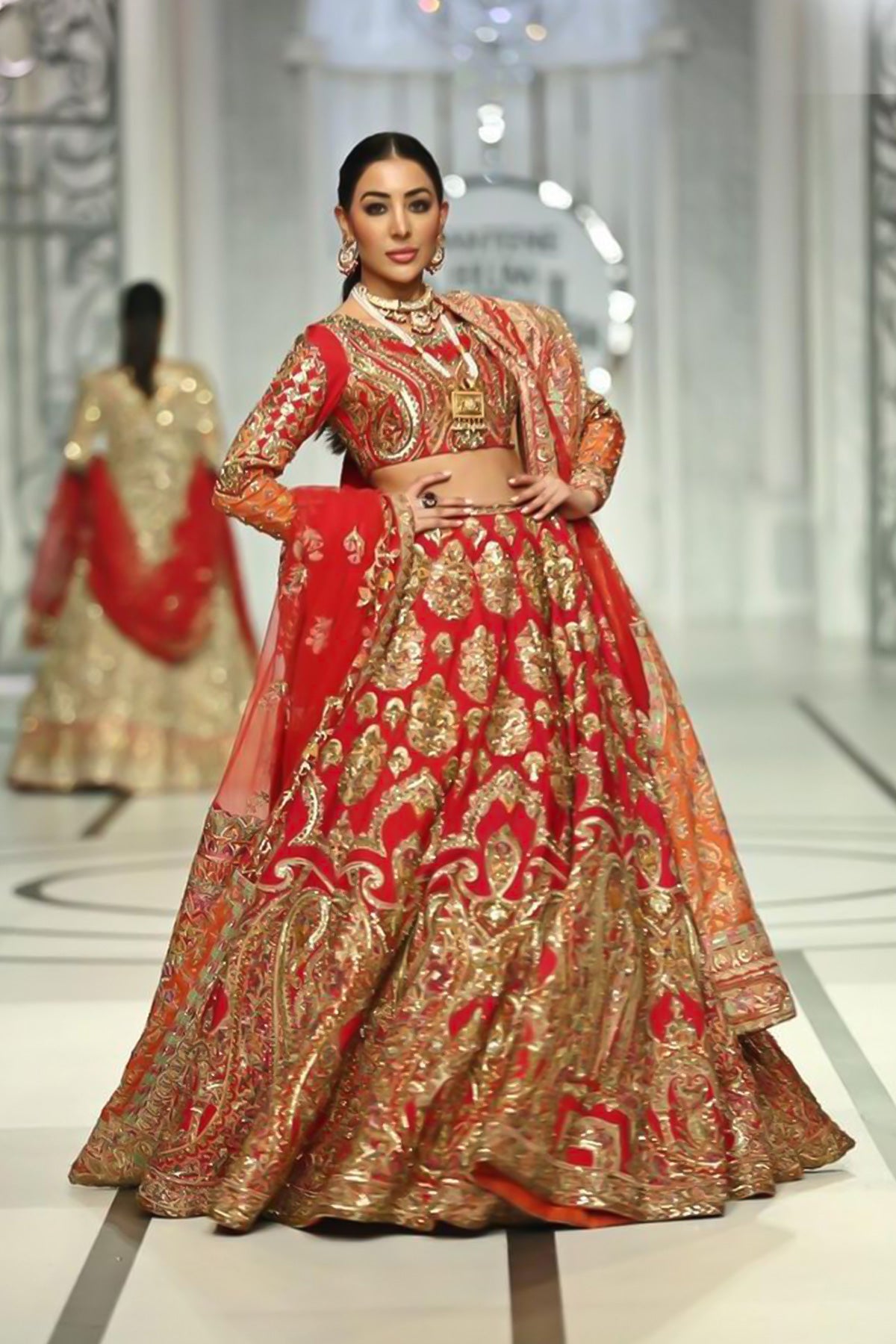 Red Zardozi Embroidered Silk & Net Lehenga (3-Piece) - Image 1
