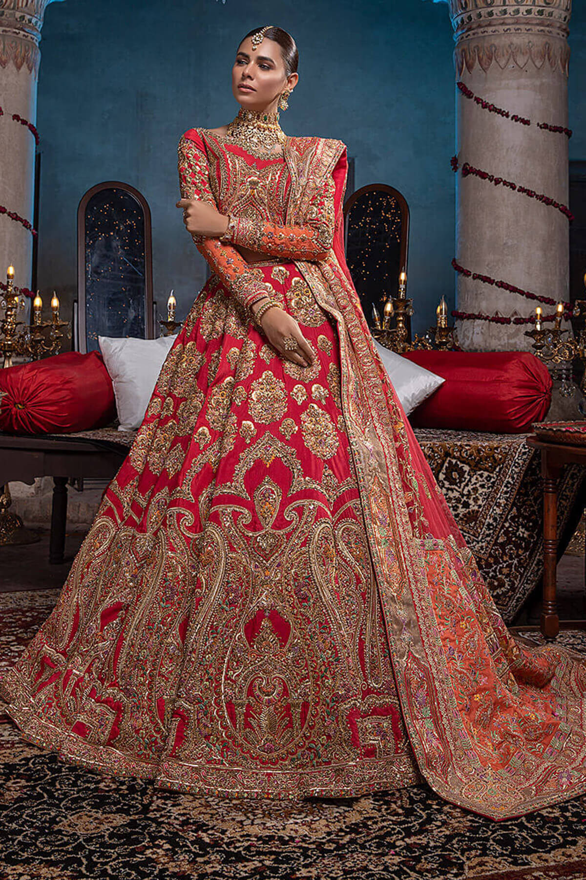 Red Zardozi Embroidered Silk & Net Lehenga (3-Piece) - Image 2