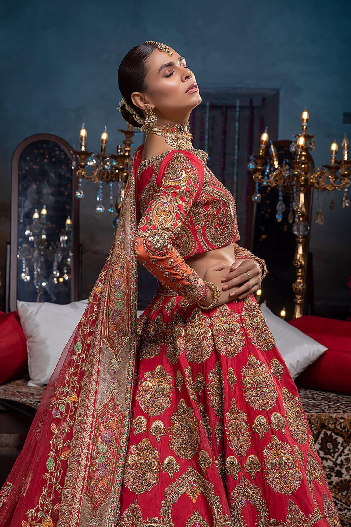 Red Zardozi Embroidered Silk & Net Lehenga (3-Piece) - Image 4