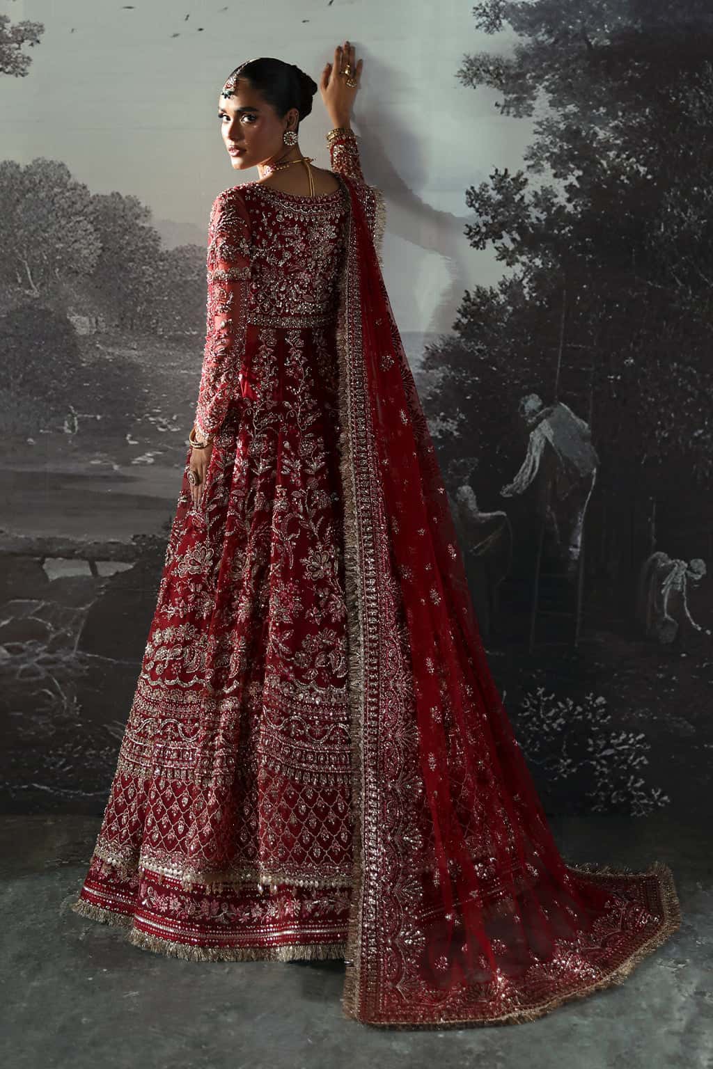 Deep Red Embellished Silk Bridal Lehenga (3-Piece) - Image 2