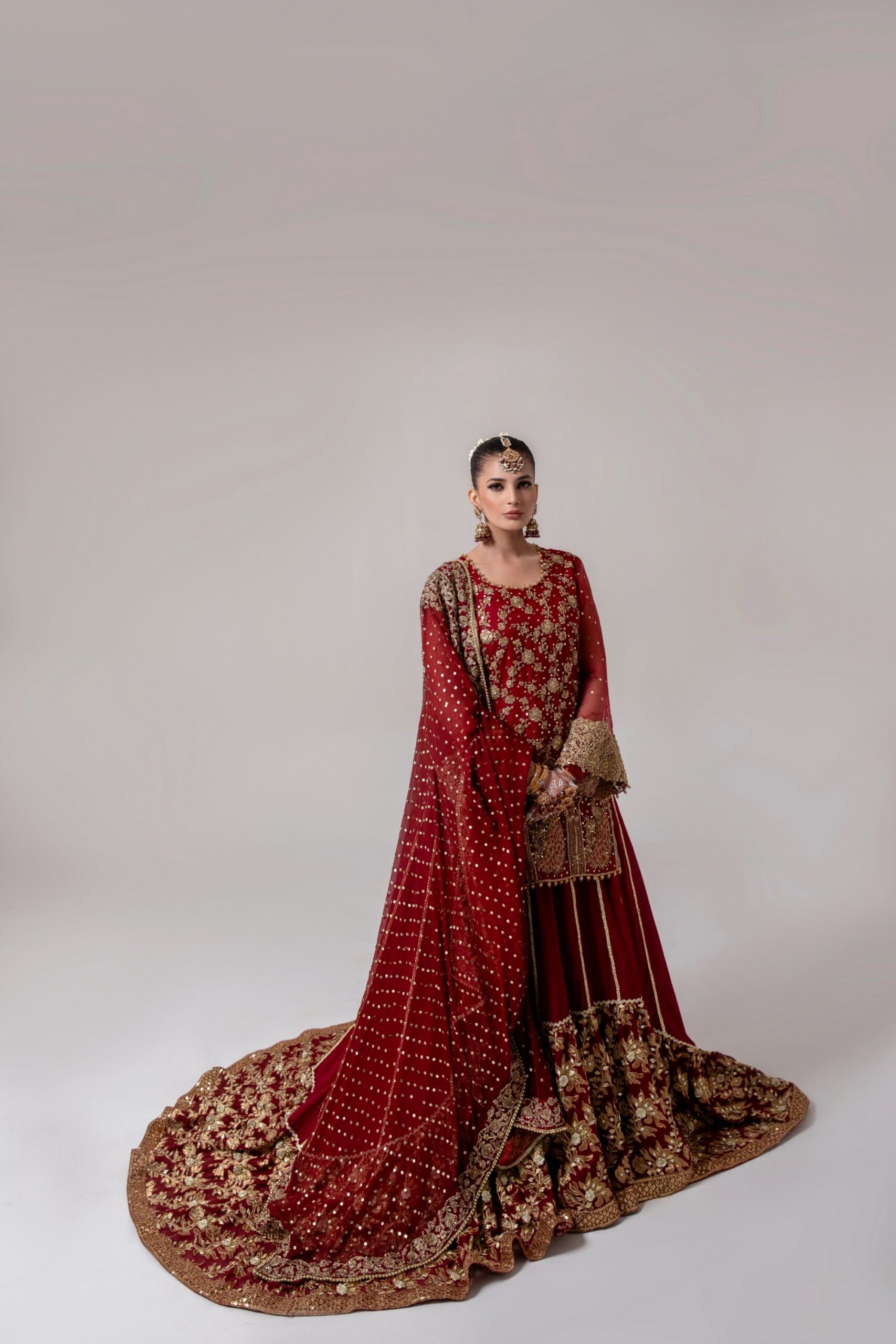 Pakistani Deep Red Embroidered Silk Bridal Lehenga Choli (3-Piece) - Image 1