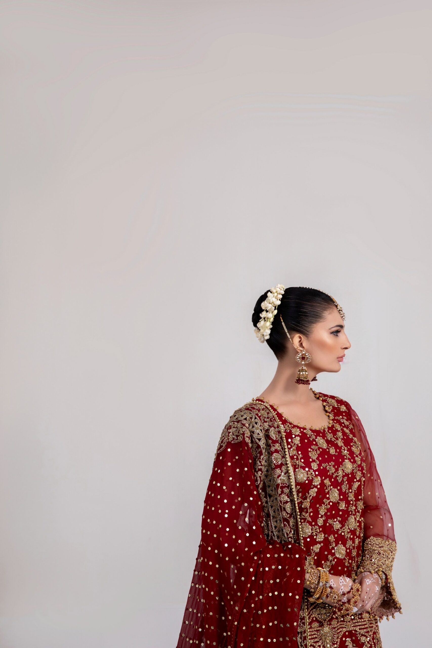 Pakistani Deep Red Embroidered Silk Bridal Lehenga Choli (3-Piece) - Image 4