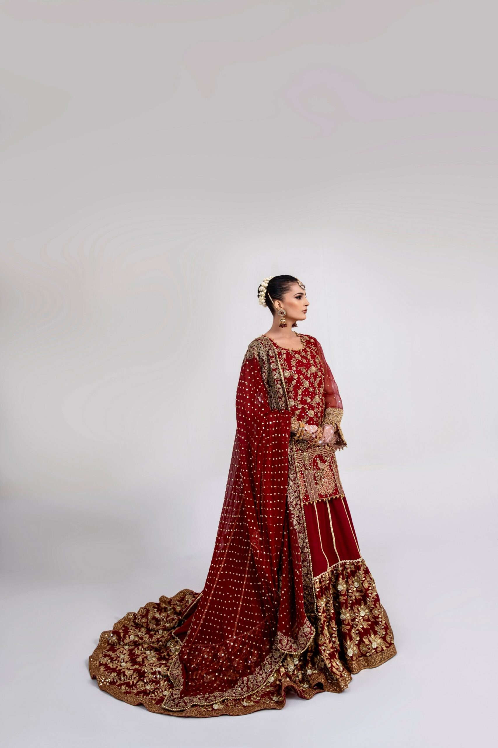 Pakistani Deep Red Embroidered Silk Bridal Lehenga Choli (3-Piece) - Image 5