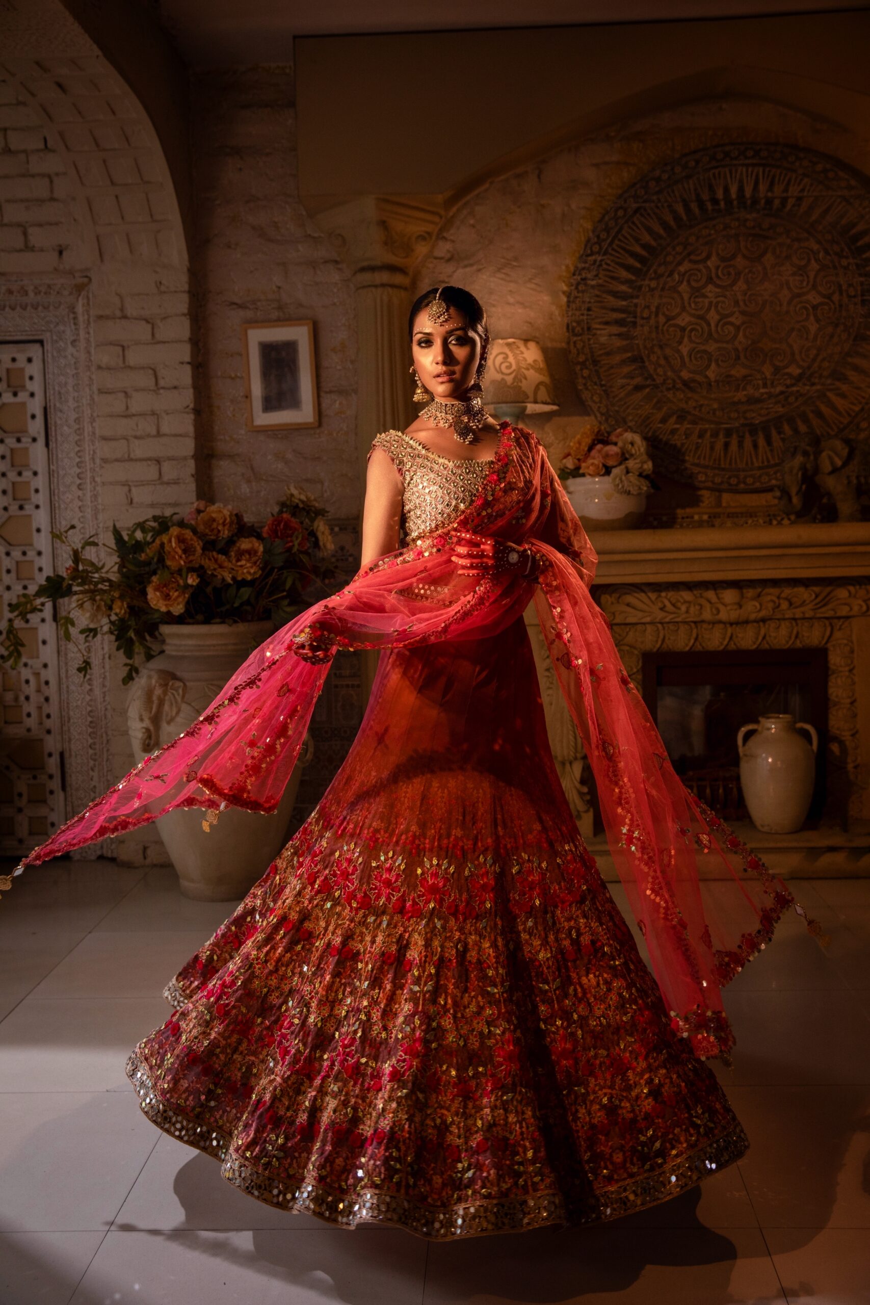 Red Mirror-Embroidered Silk Bridal Lehenga (3-Piece) - Image 1