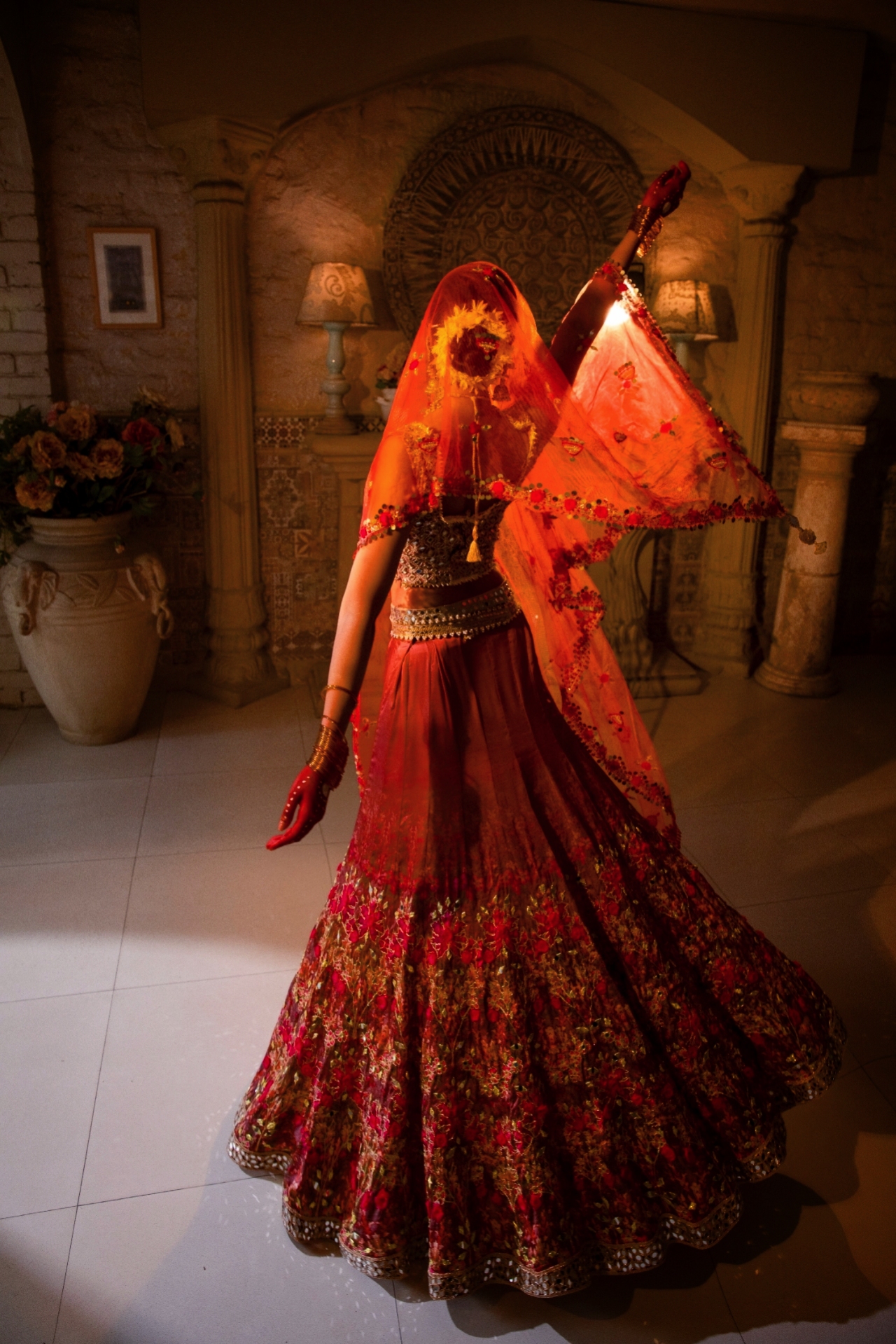 Red Mirror-Embroidered Silk Bridal Lehenga (3-Piece) - Image 10