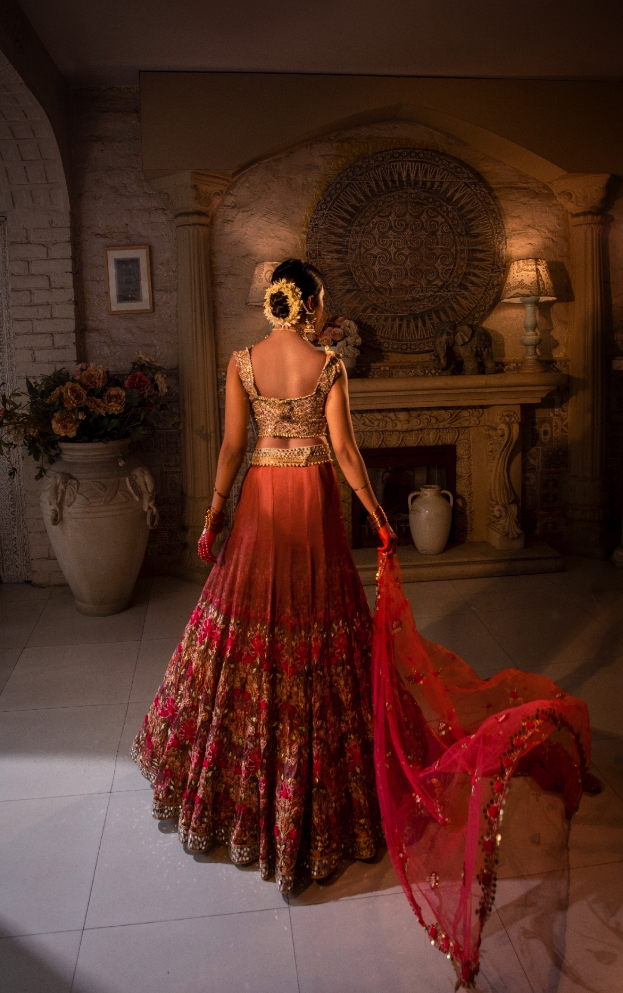 Red Mirror-Embroidered Silk Bridal Lehenga (3-Piece) - Image 2