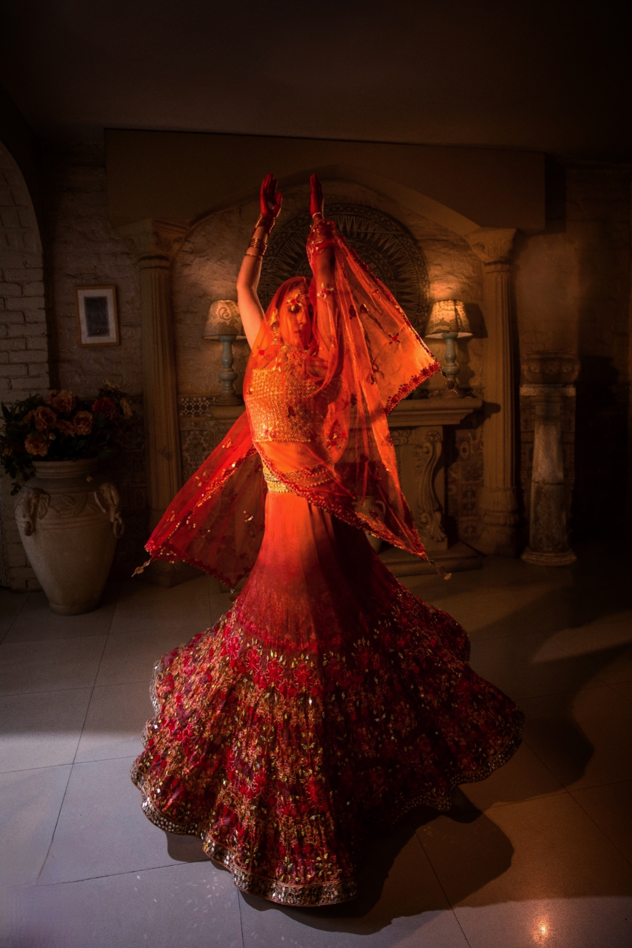 Red Mirror-Embroidered Silk Bridal Lehenga (3-Piece) - Image 3