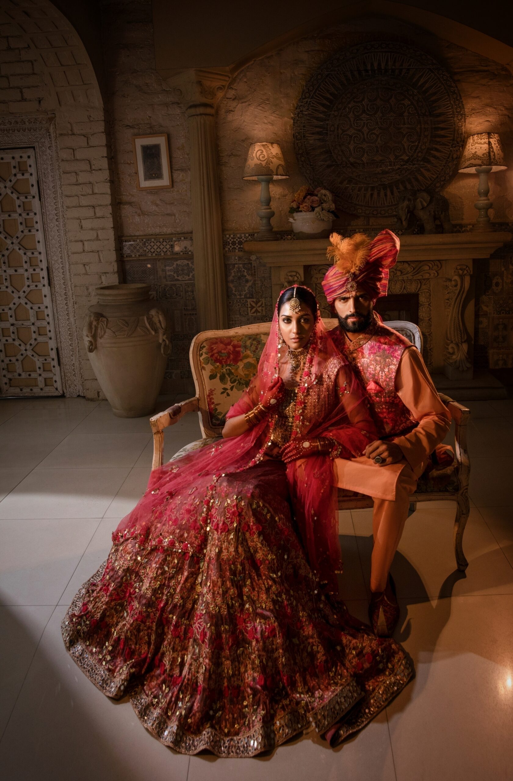 Red Mirror-Embroidered Silk Bridal Lehenga (3-Piece) - Image 4