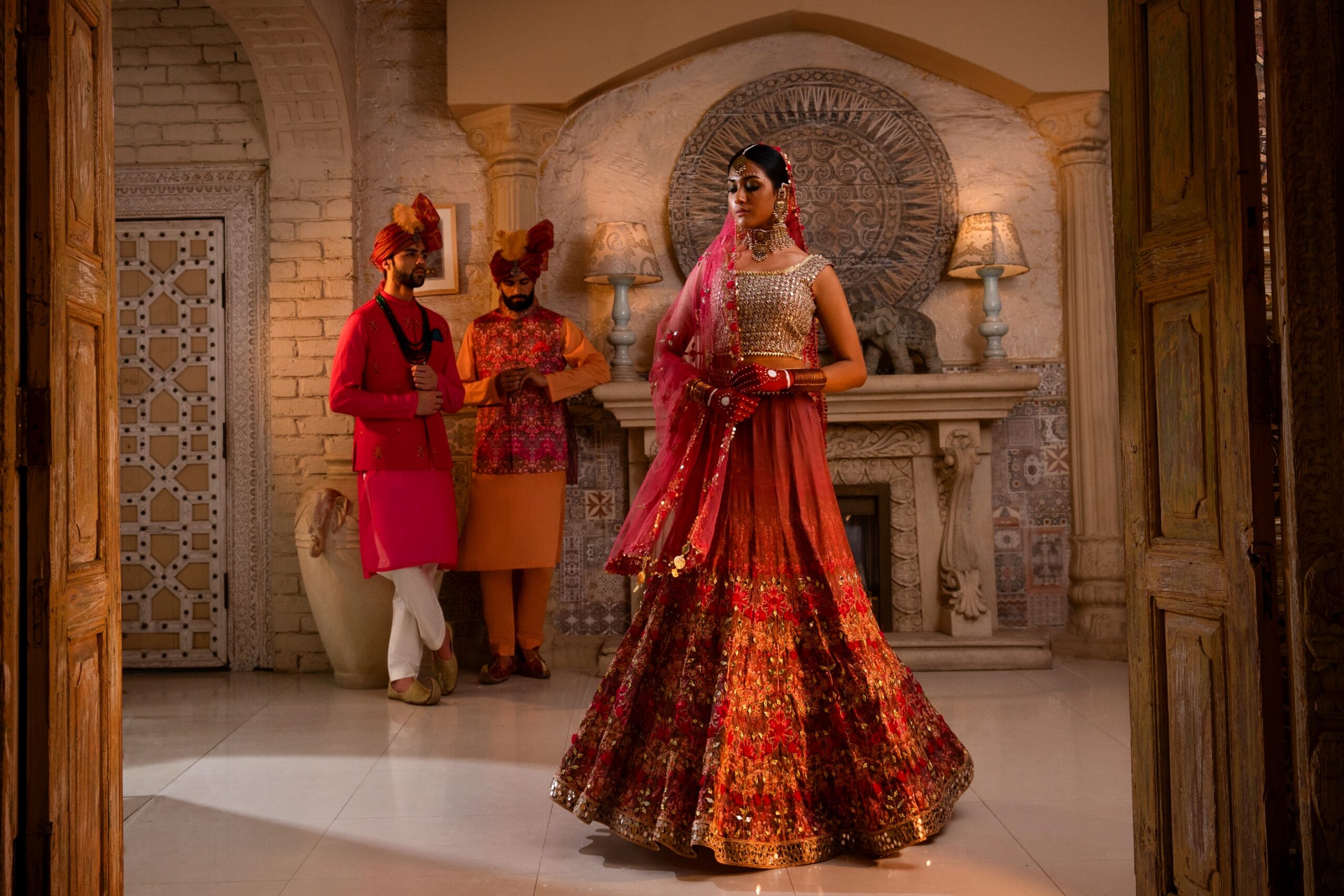 Red Mirror-Embroidered Silk Bridal Lehenga (3-Piece) - Image 6