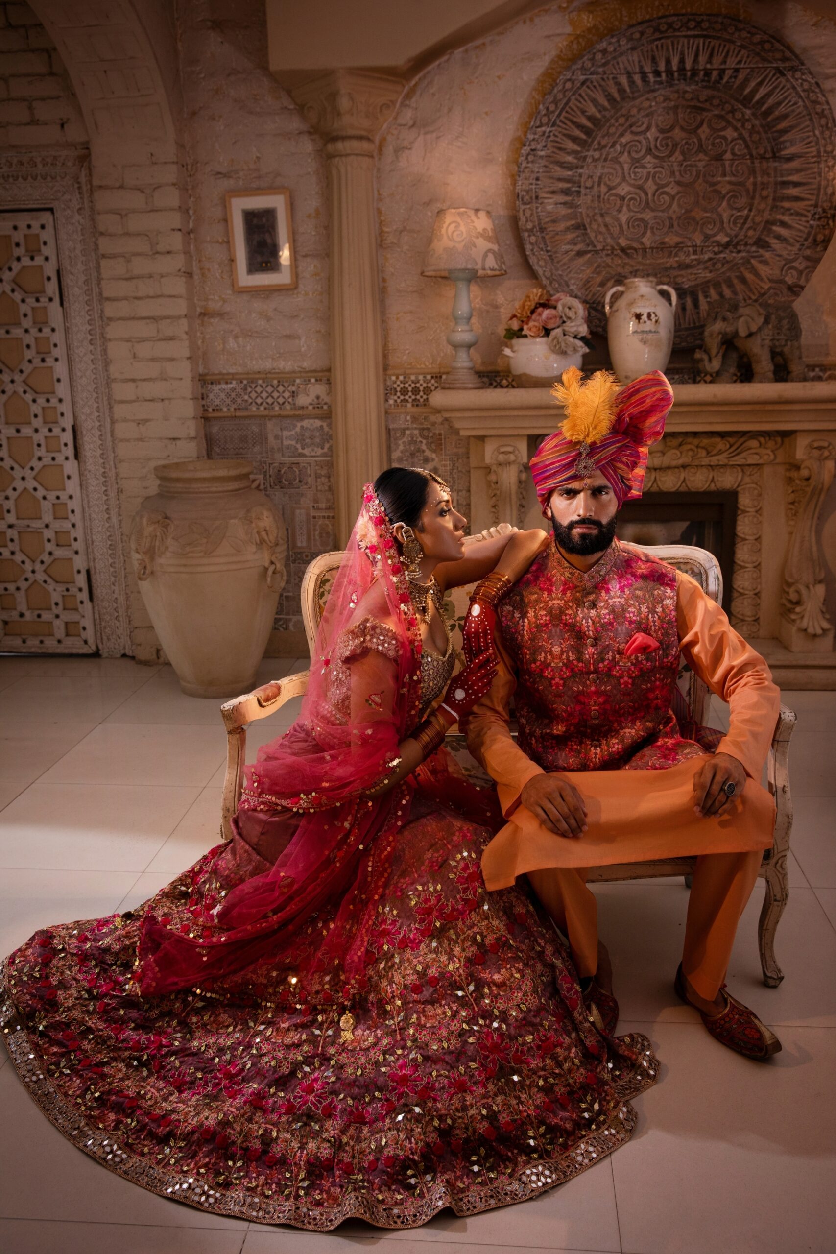 Red Mirror-Embroidered Silk Bridal Lehenga (3-Piece) - Image 8