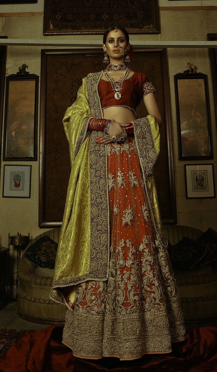 Pakistani Rust Gold Embroidered Silk Bridal Lehenga (3-Piece) - Image 1