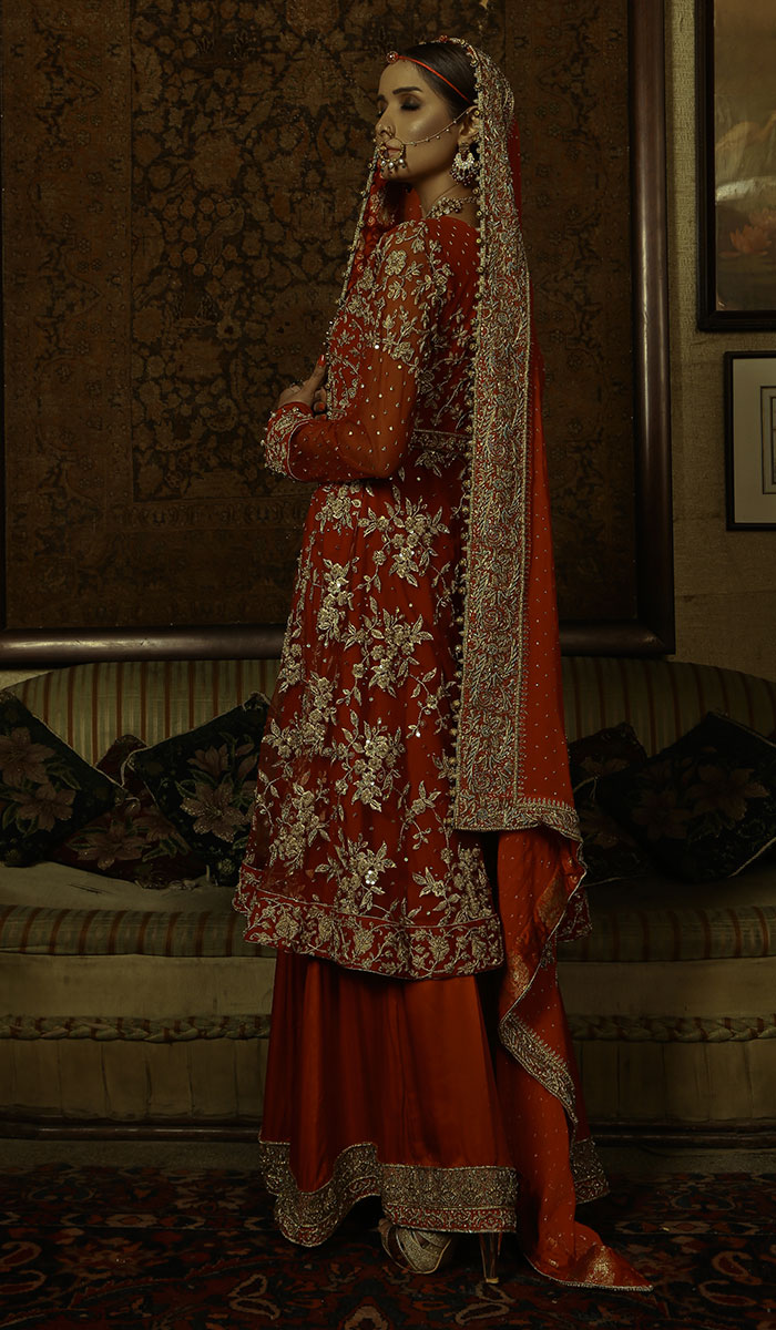 Pakistani Deep Rust Embroidered Silk Bridal Lehenga (3-Piece) - Image 1