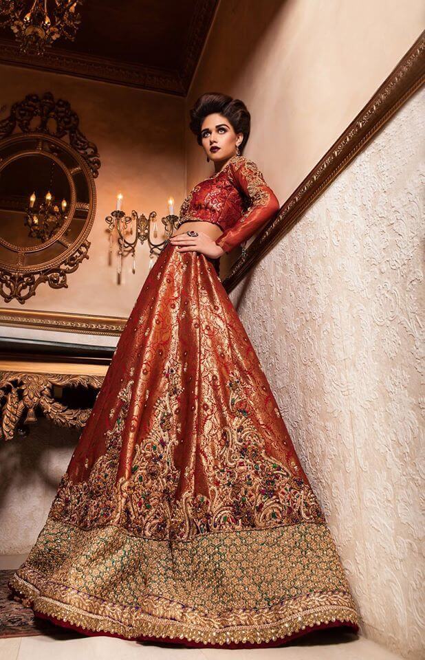 Pakistani Vermilion Hand-Embellished Silk Bridal Lehenga (2-Piece) - Image 1