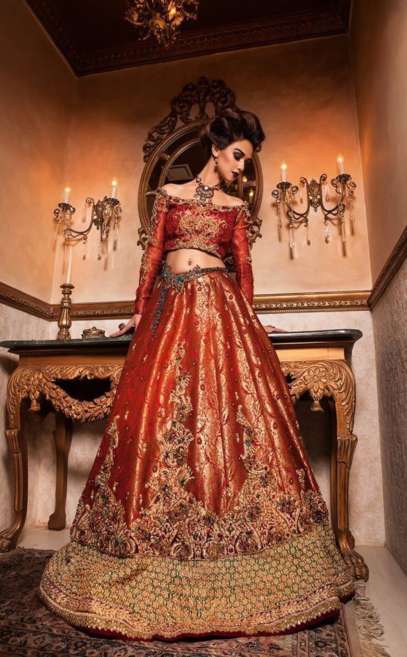 Pakistani Vermilion Hand-Embellished Silk Bridal Lehenga (2-Piece) - Image 2