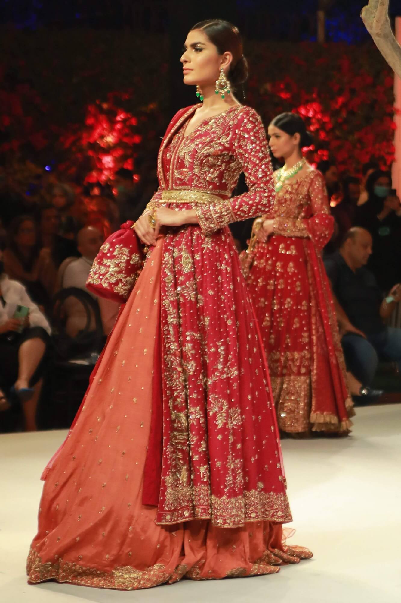 Pakistani Deep Crimson Zardozi Resham Silk Kalidaar Lehenga (3-Piece) - Image 1