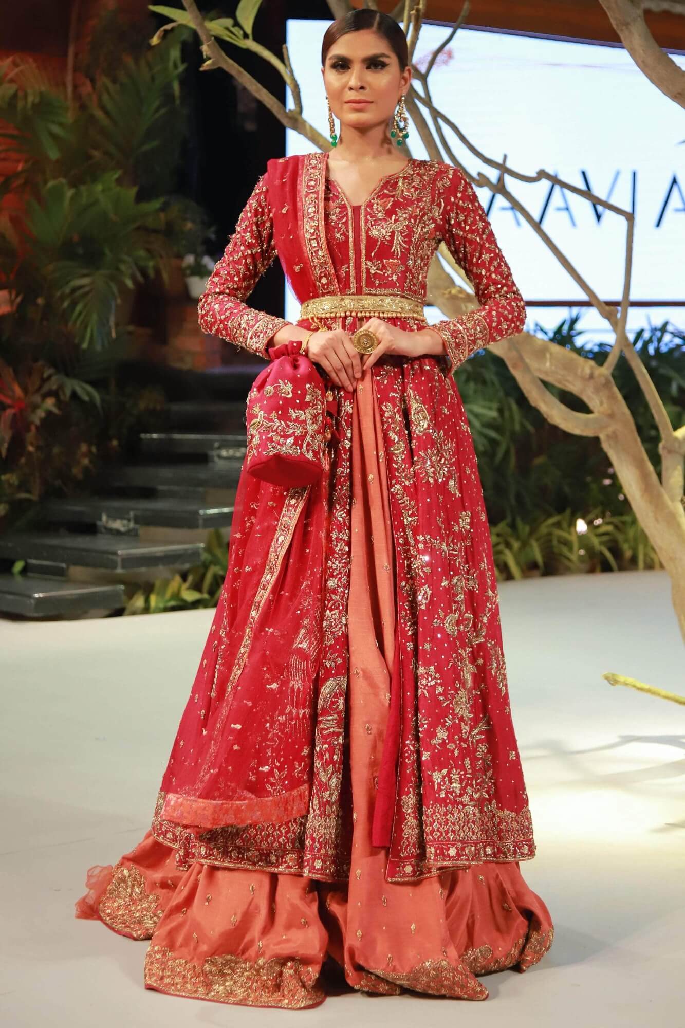 Pakistani Deep Crimson Zardozi Resham Silk Kalidaar Lehenga (3-Piece) - Image 2
