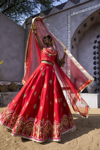 Pakistani Red Embroidered Silk Lehenga Choli (3-Piece) - Image 2