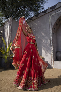 Pakistani Red Embroidered Silk Lehenga Choli (3-Piece) - Image 4