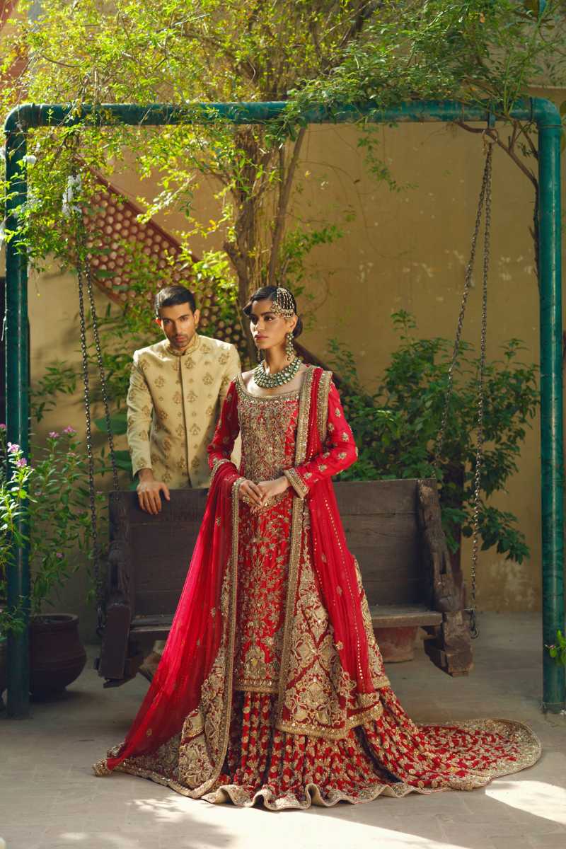 Pakistani Crimson Red Embroidered Silk Bridal Lehenga (3-Piece) - Image 1