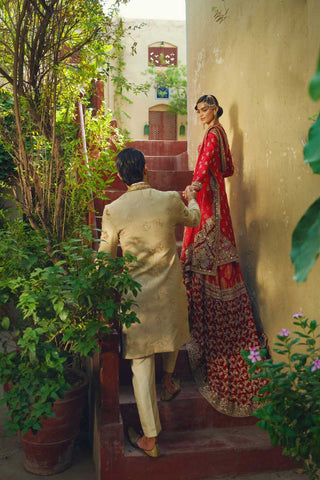 Pakistani Crimson Red Embroidered Silk Bridal Lehenga (3-Piece) - Image 3