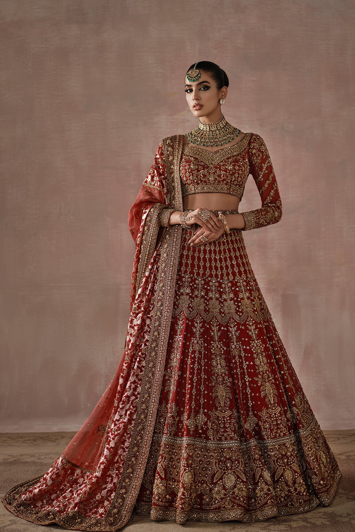 Indian Red Zardozi Embroidered Silk Lehnga Choli (3-Piece) - Image 1