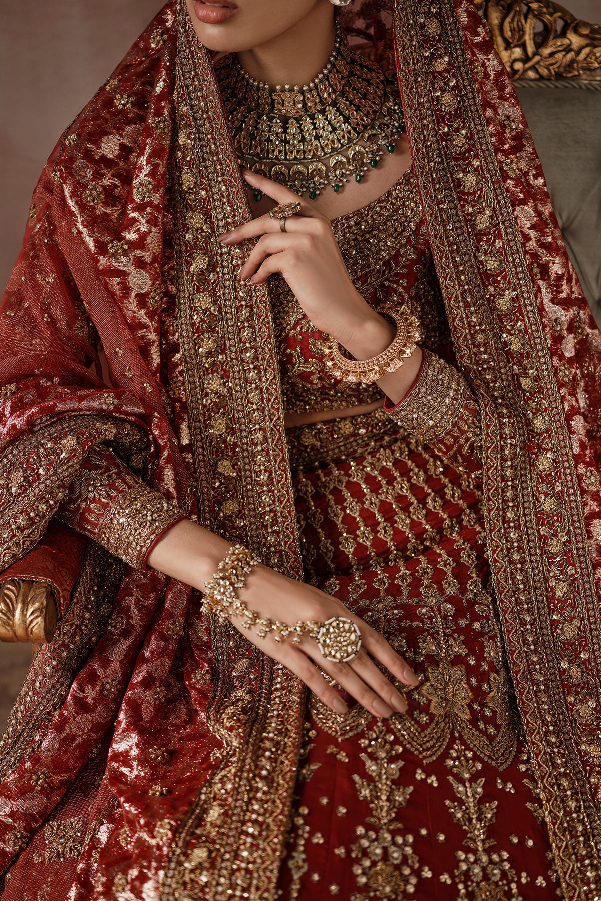 Indian Red Zardozi Embroidered Silk Lehnga Choli (3-Piece) - Image 5