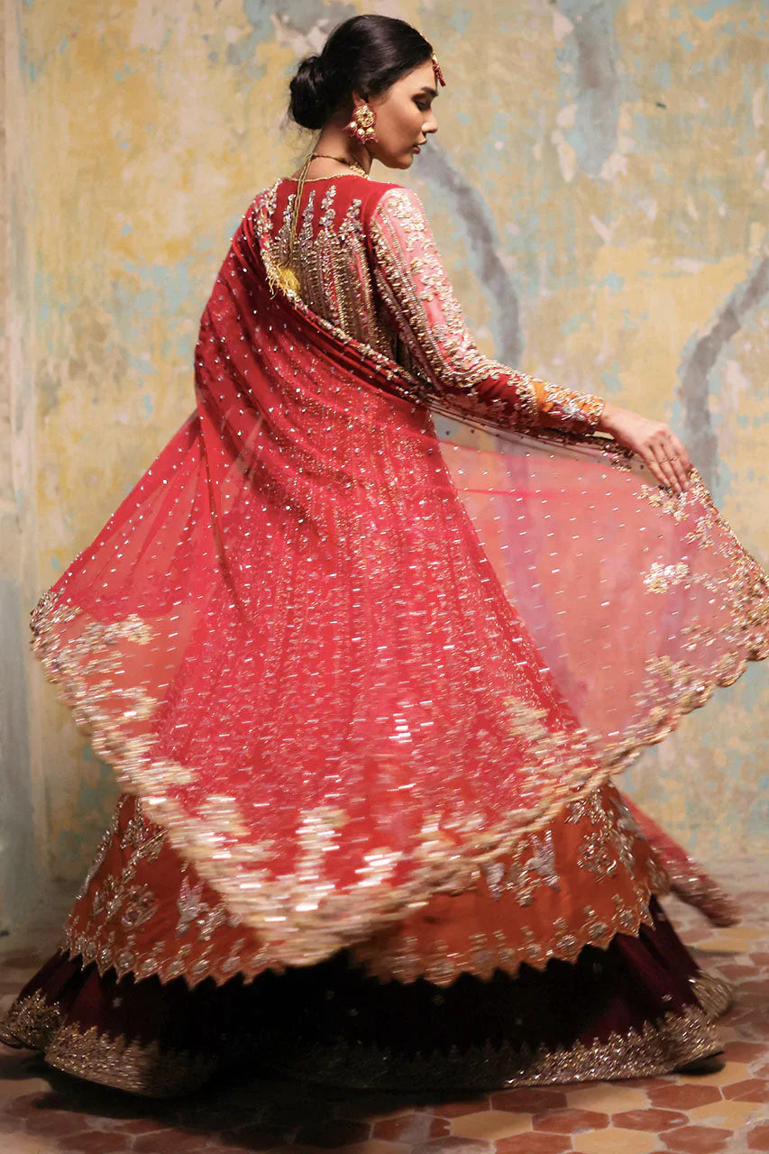 Deep Red Zardozi Silk Kalidar Lehenga (3-Piece) - Image 3
