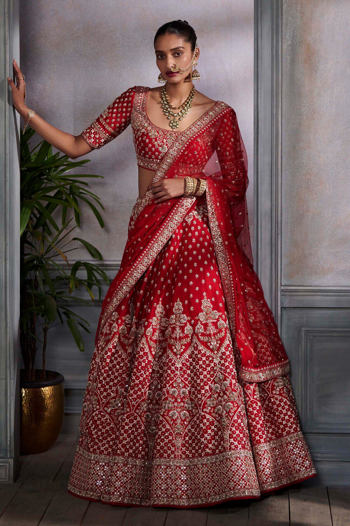 Red Embroidered Silk Bridal Lehenga (3-Piece) - Image 1
