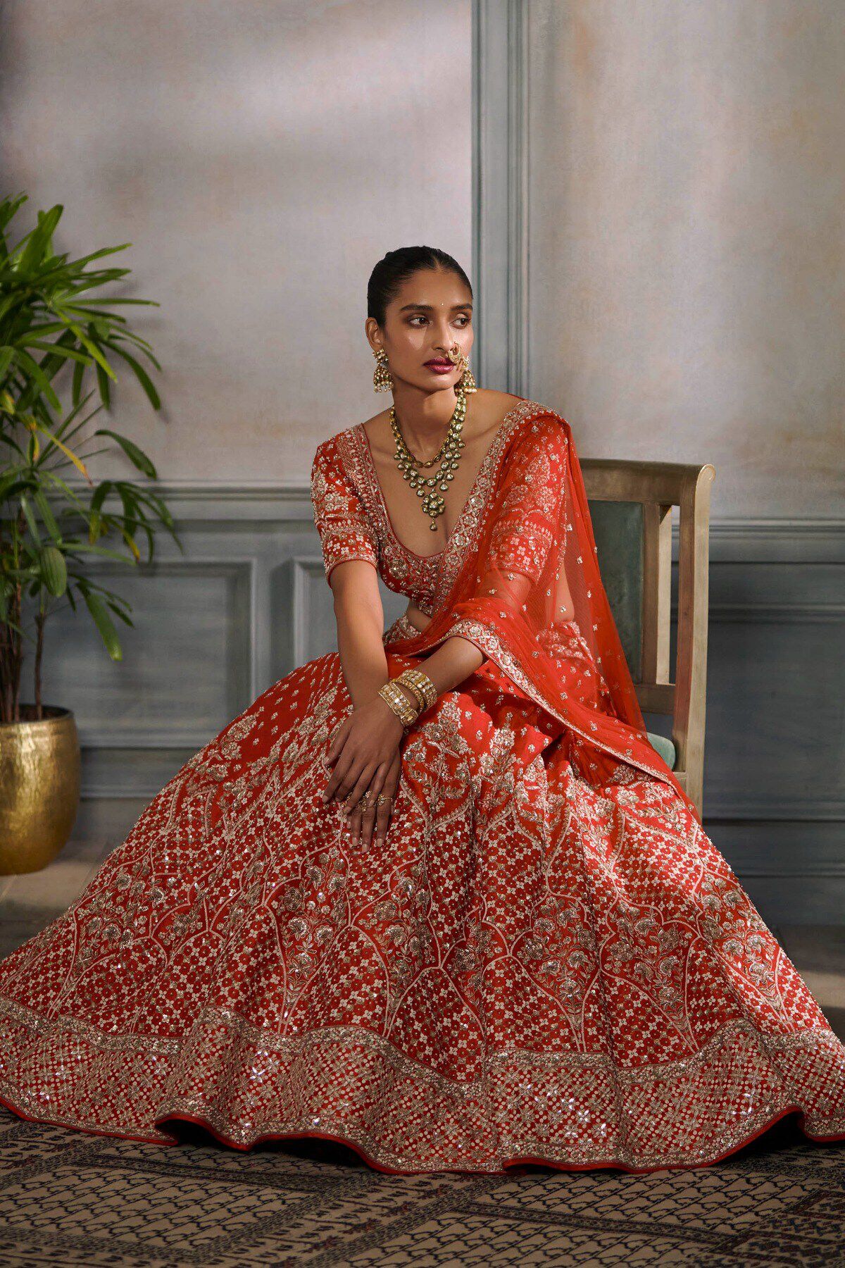 Red Embroidered Silk Bridal Lehenga (3-Piece) - Image 2