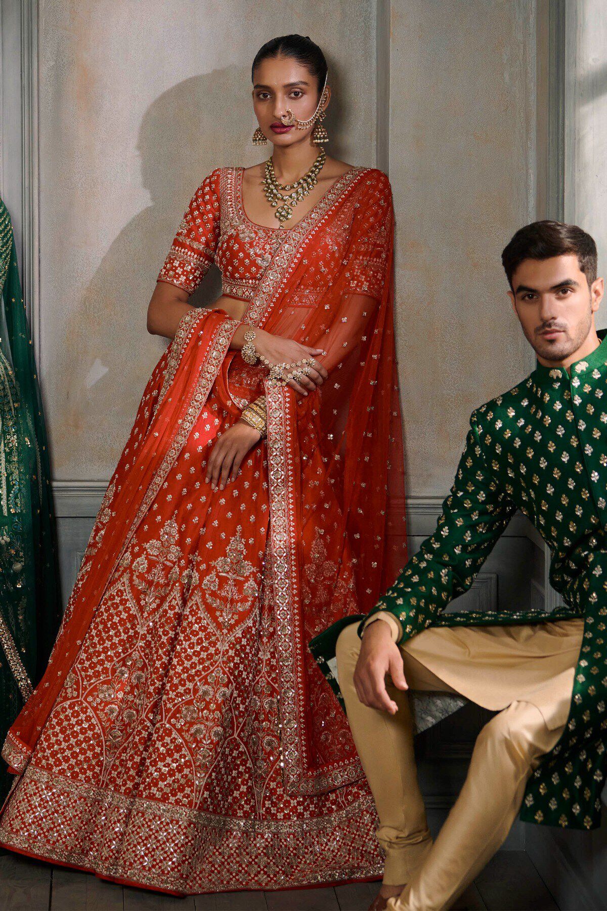 Red Embroidered Silk Bridal Lehenga (3-Piece) - Image 3