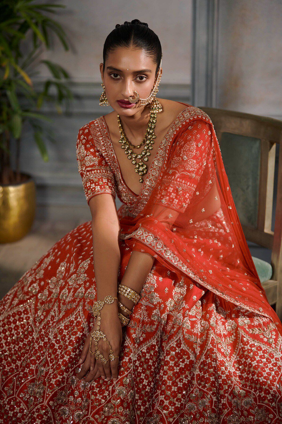 Red Embroidered Silk Bridal Lehenga (3-Piece) - Image 4