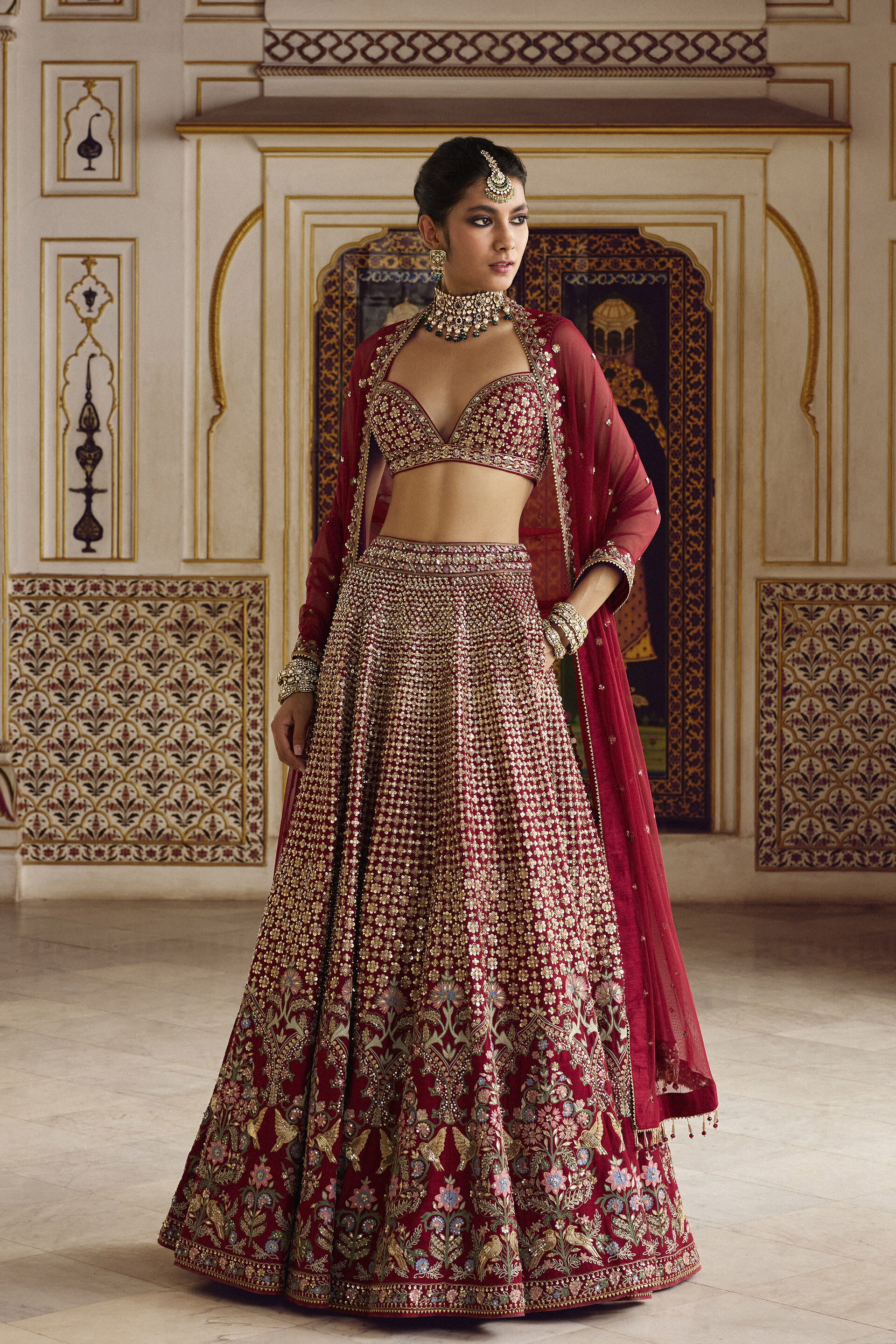 Indian Ruby Zardozi Embroidered Silk Lehenga Set (3-Piece) - Image 1