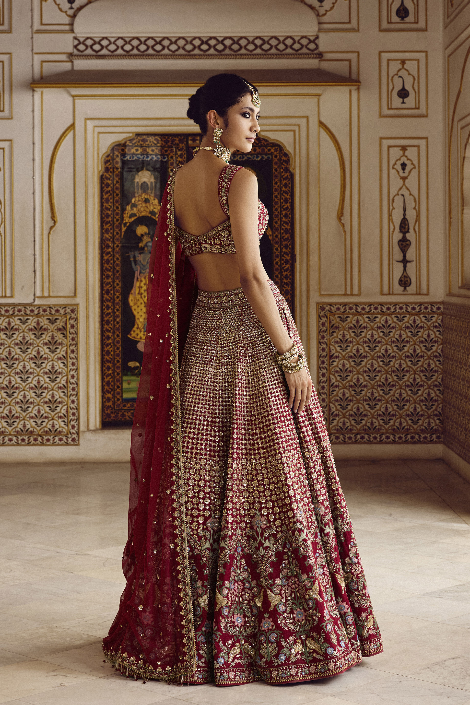 Indian Ruby Zardozi Embroidered Silk Lehenga Set (3-Piece) - Image 2