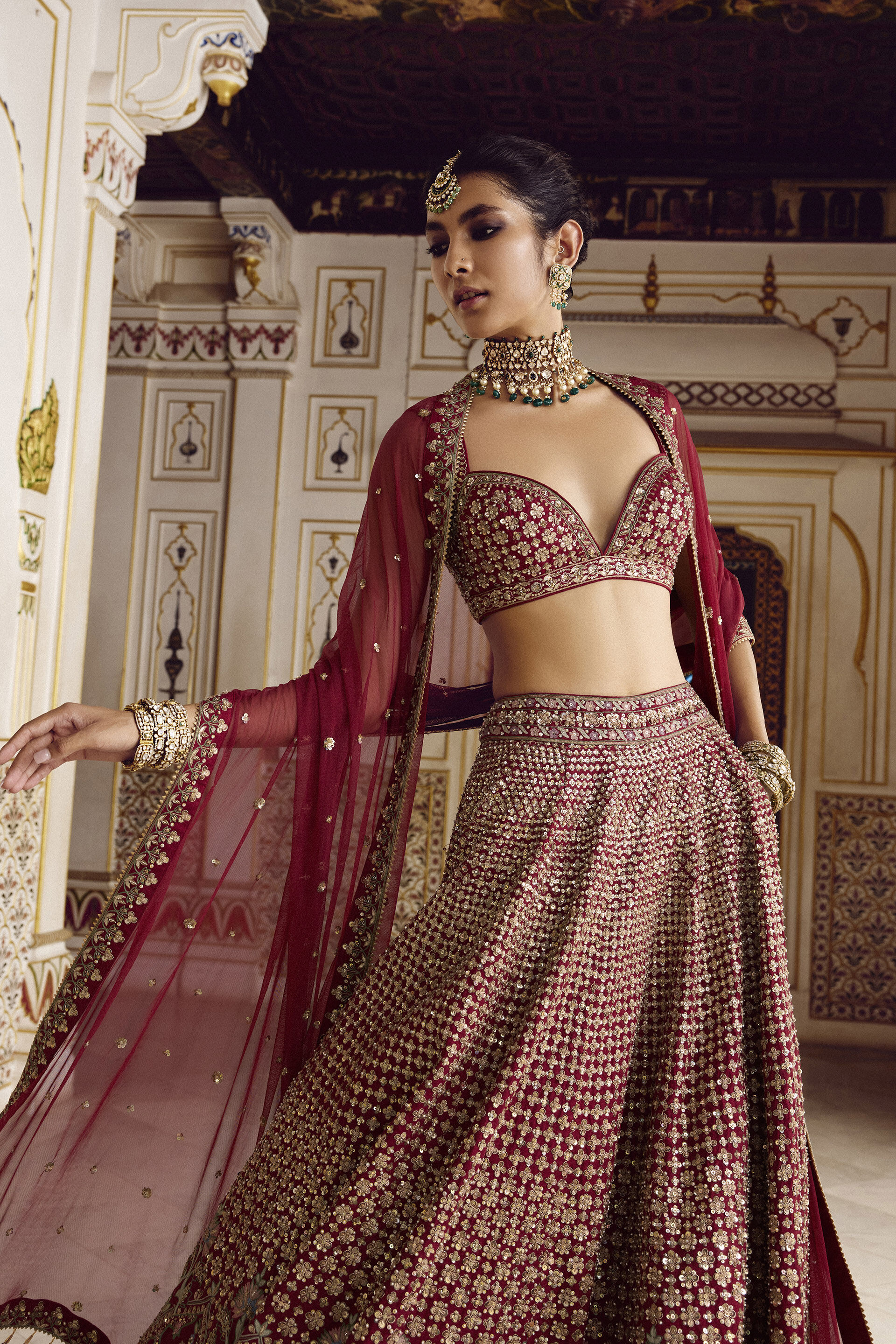 Indian Ruby Zardozi Embroidered Silk Lehenga Set (3-Piece) - Image 3