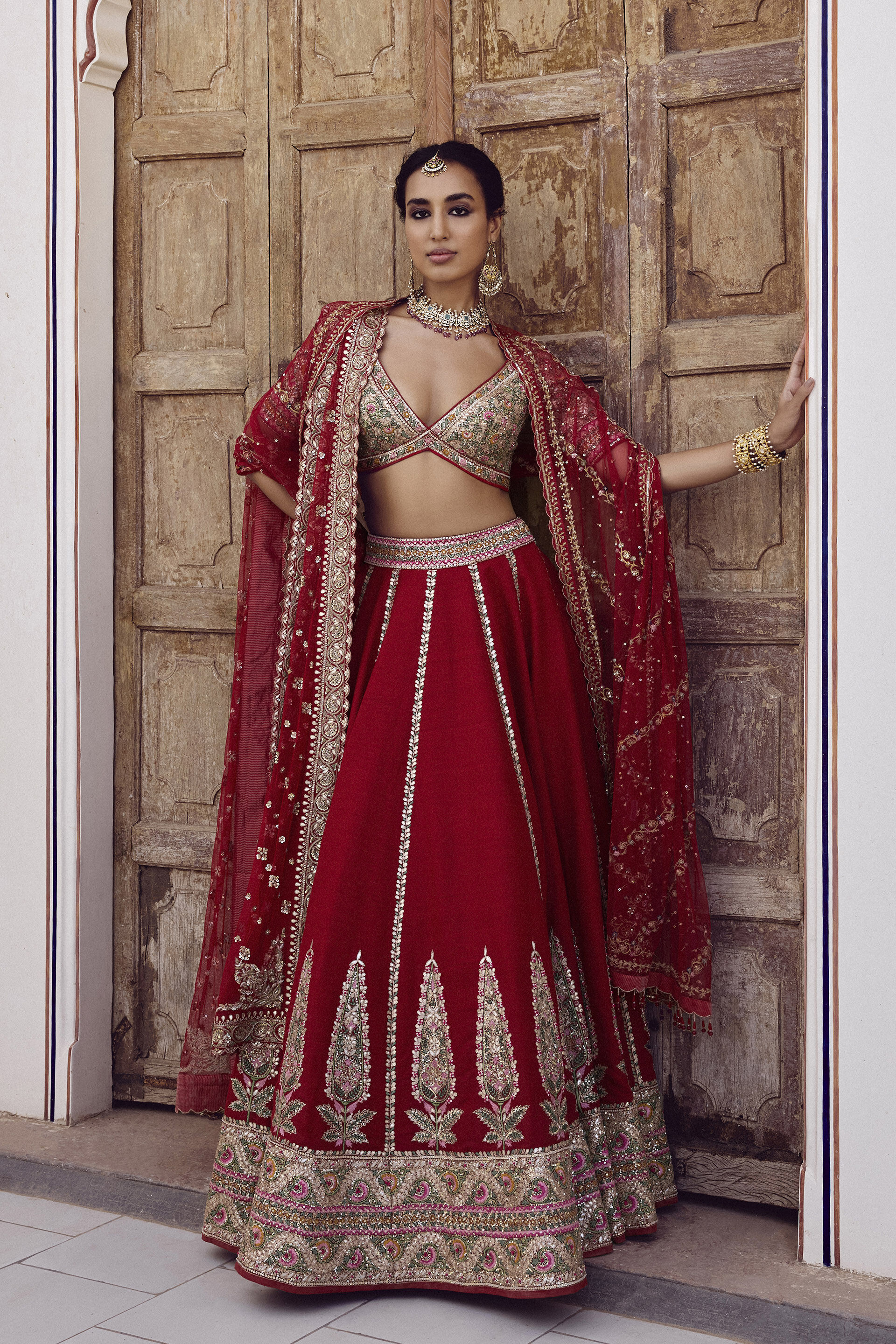 Indian Red Gota Patti Zardozi Silk Bridal Lehenga (3-Piece) - Image 1
