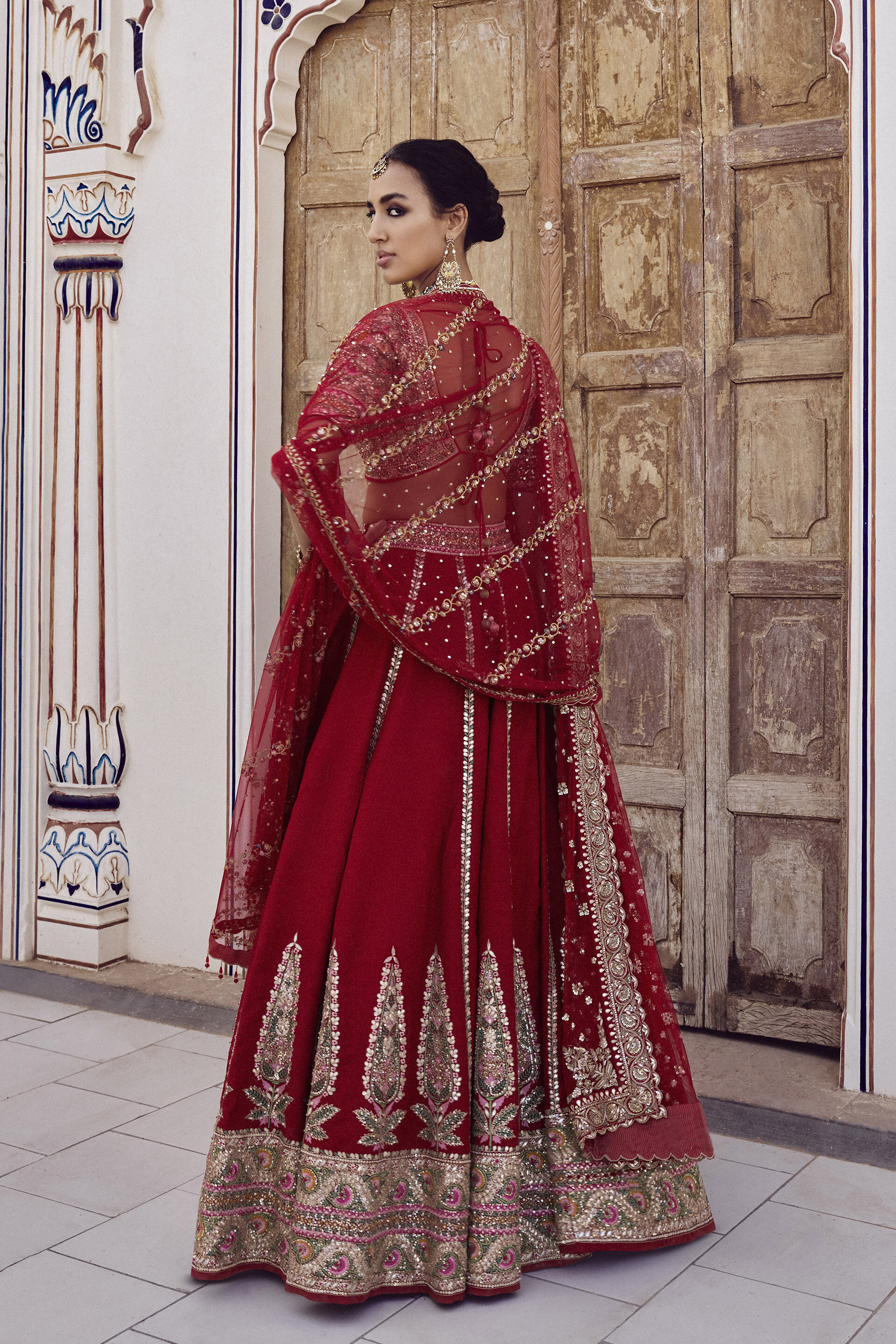 Indian Red Gota Patti Zardozi Silk Bridal Lehenga (3-Piece) - Image 2