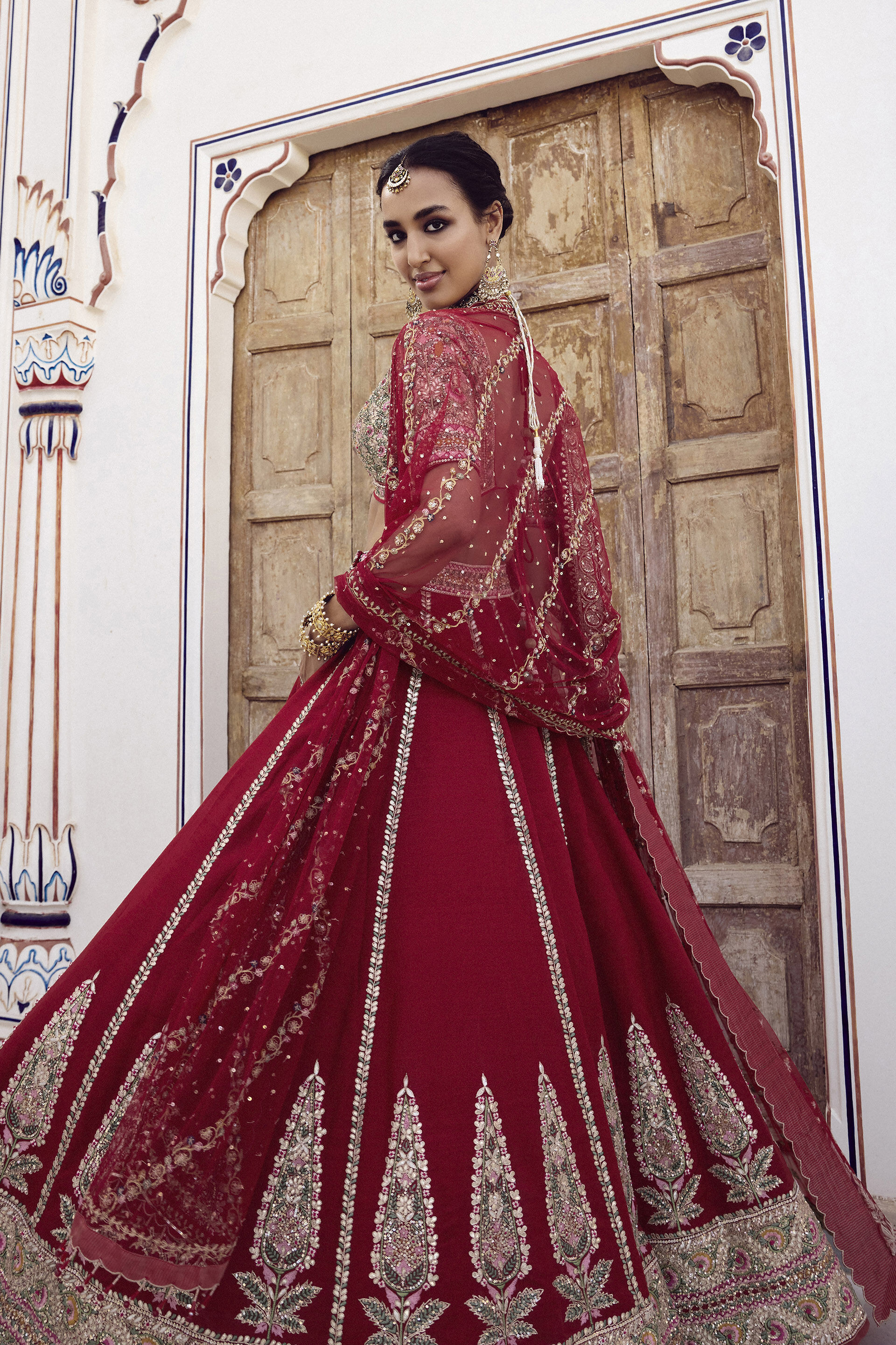 Indian Red Gota Patti Zardozi Silk Bridal Lehenga (3-Piece) - Image 3