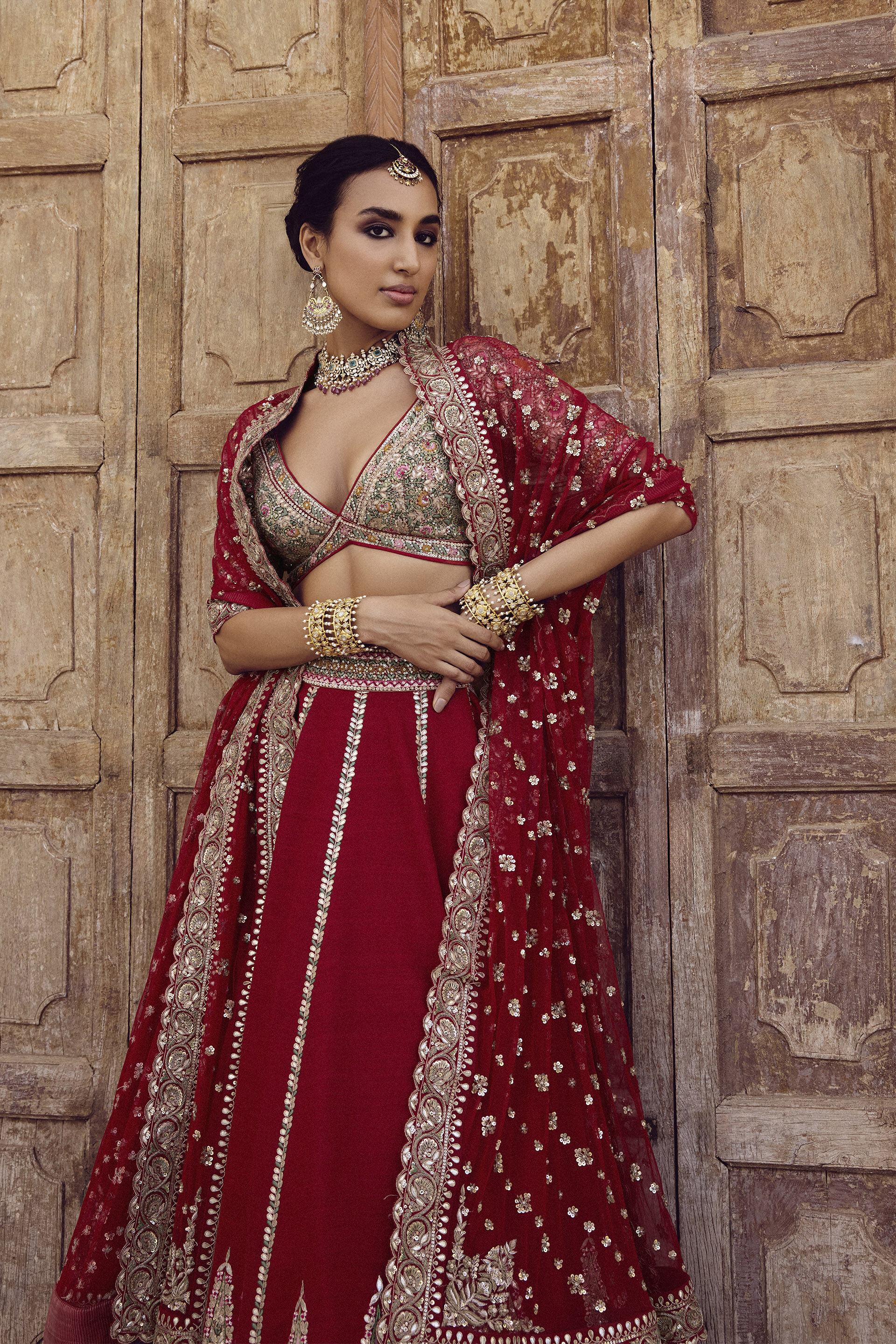 Indian Red Gota Patti Zardozi Silk Bridal Lehenga (3-Piece) - Image 4