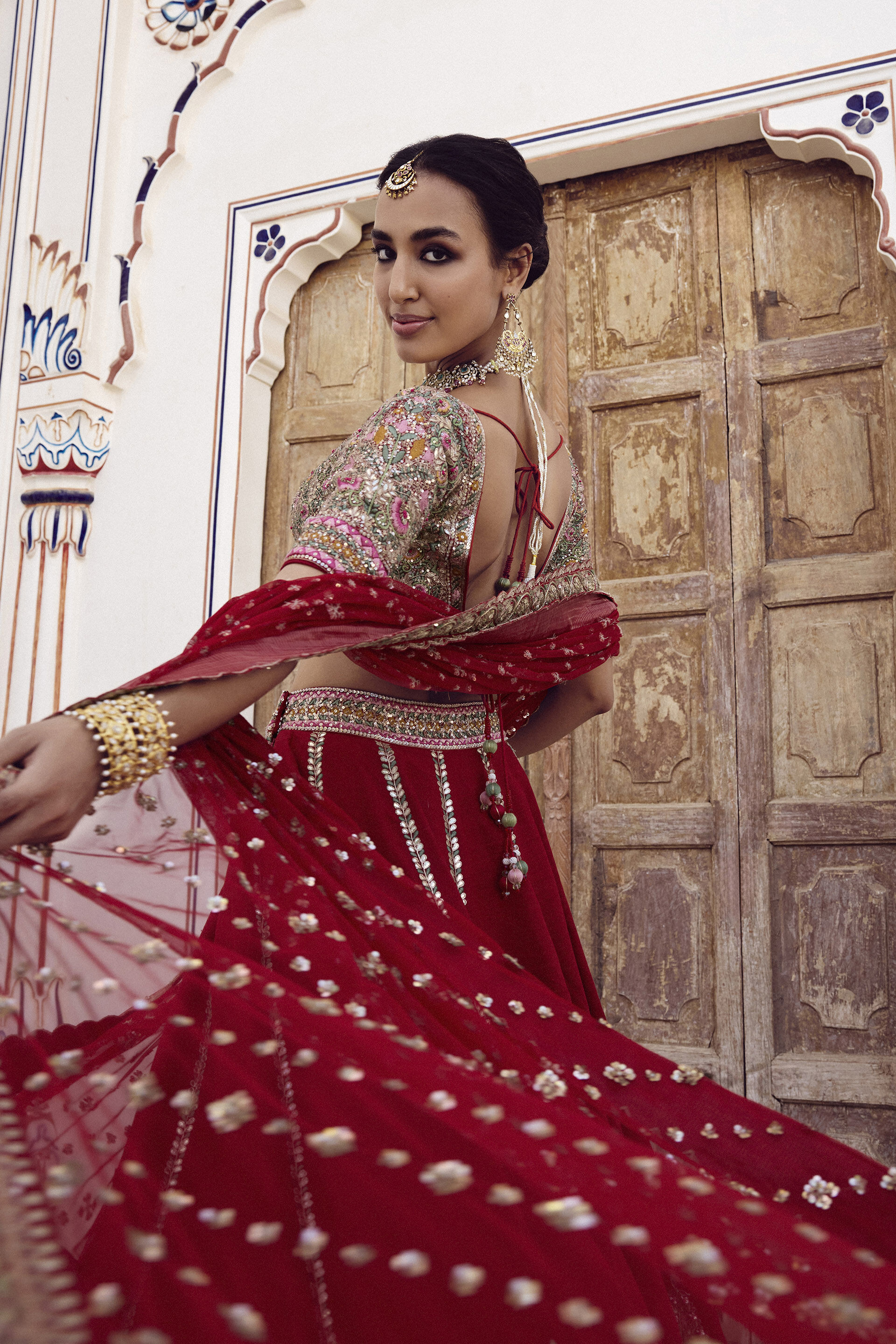 Indian Red Gota Patti Zardozi Silk Bridal Lehenga (3-Piece) - Image 5