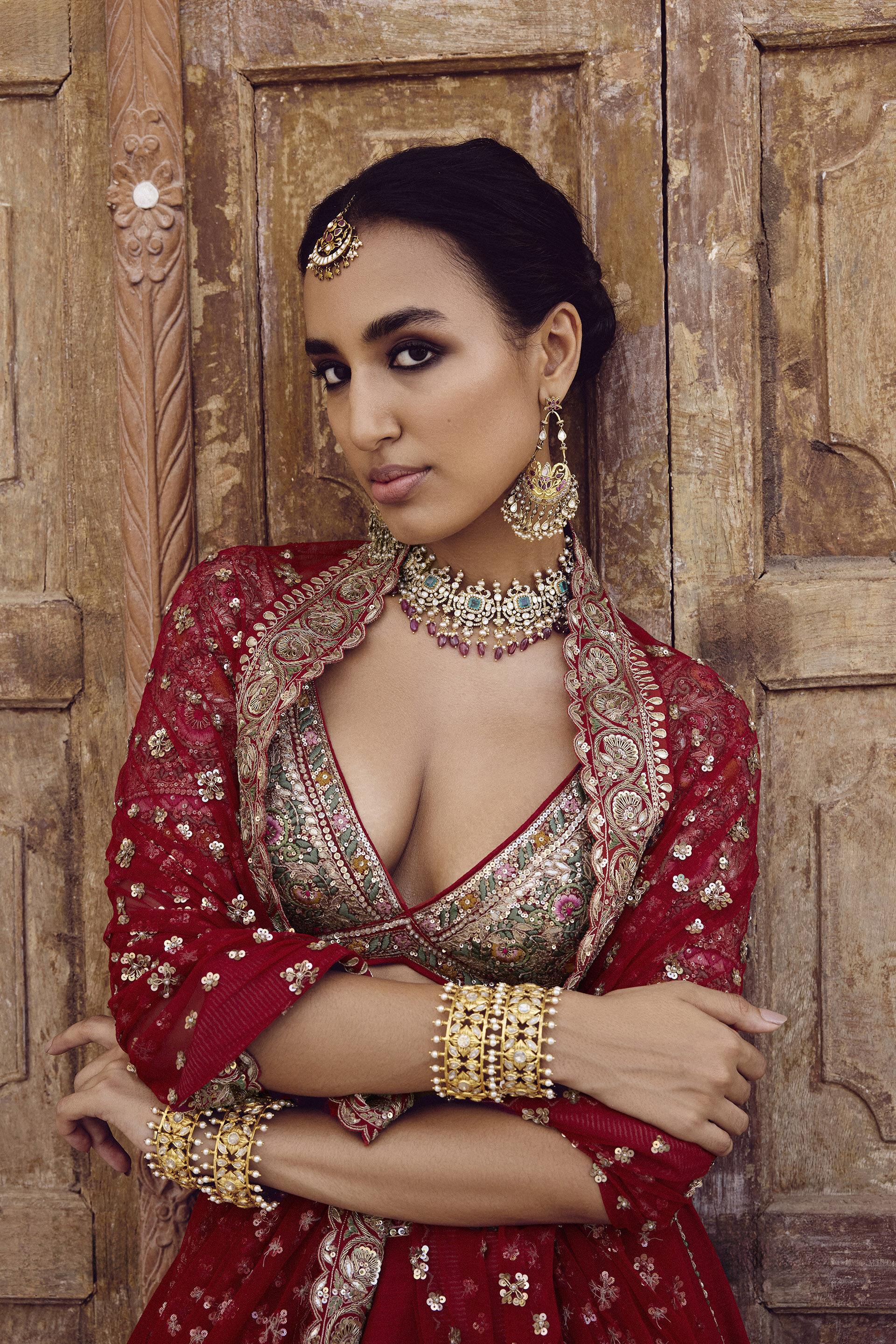 Indian Red Gota Patti Zardozi Silk Bridal Lehenga (3-Piece) - Image 6