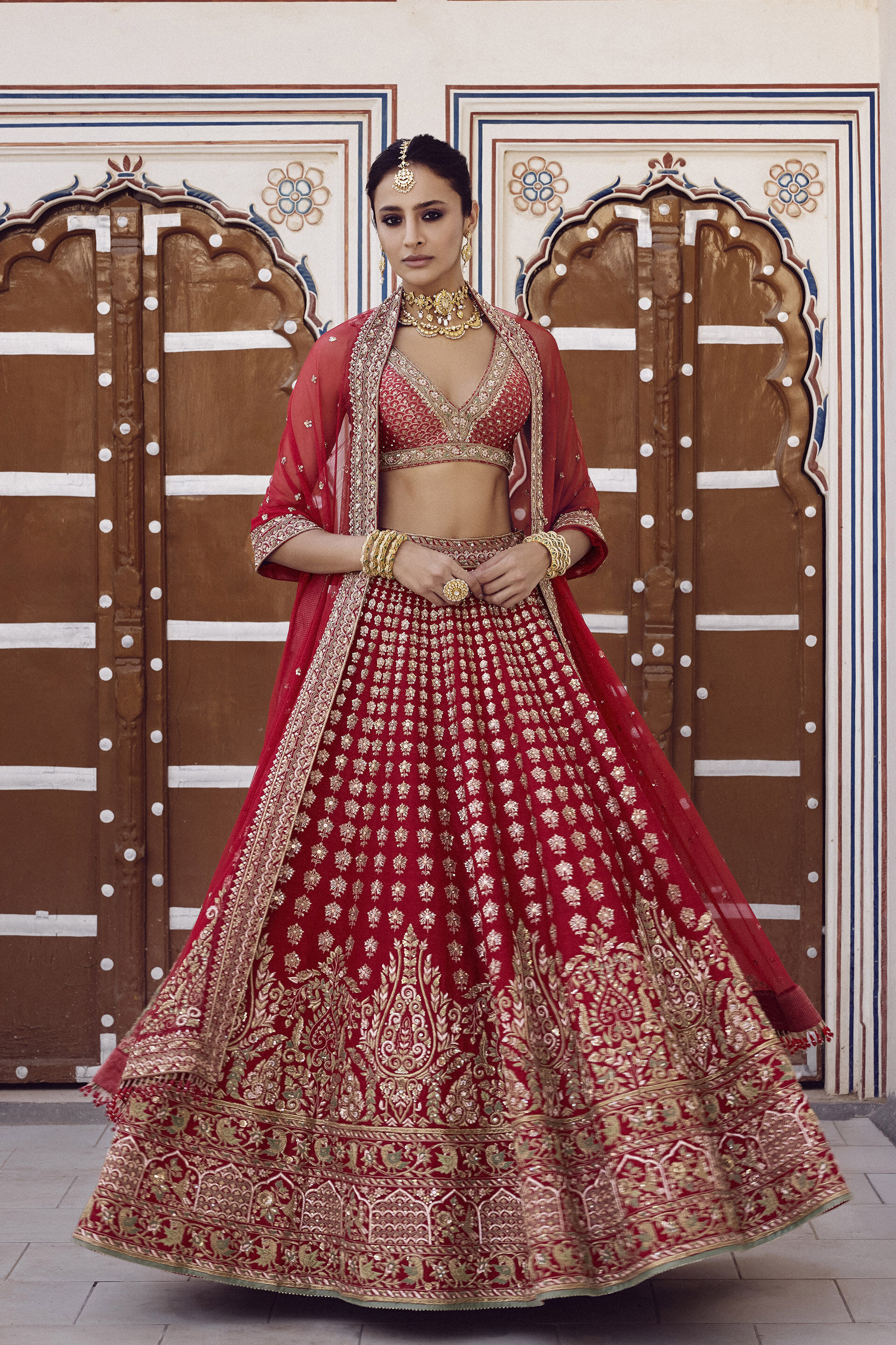 Indian Red Zardozi Embroidered Silk Bridal Lehenga (3-Piece) - Image 1