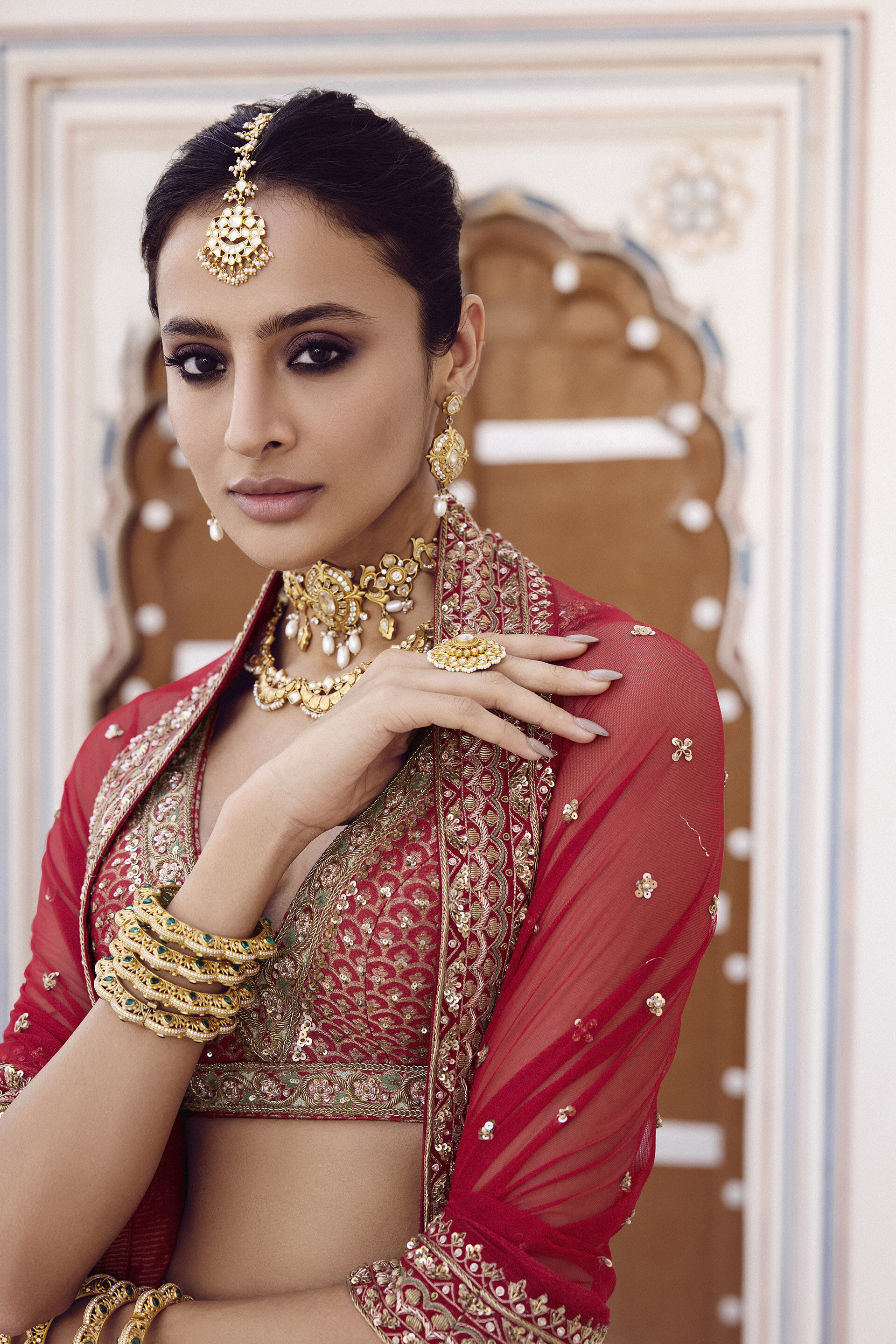 Indian Red Zardozi Embroidered Silk Bridal Lehenga (3-Piece) - Image 2